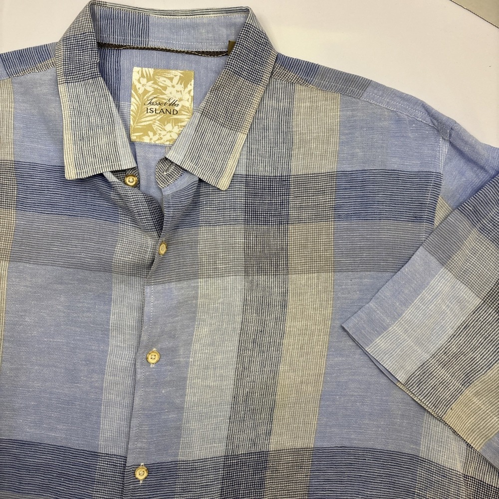 Tasso Elba Island Short Sleeve‎ Button Up Linen Blend Shirt Mens Blue 2XL